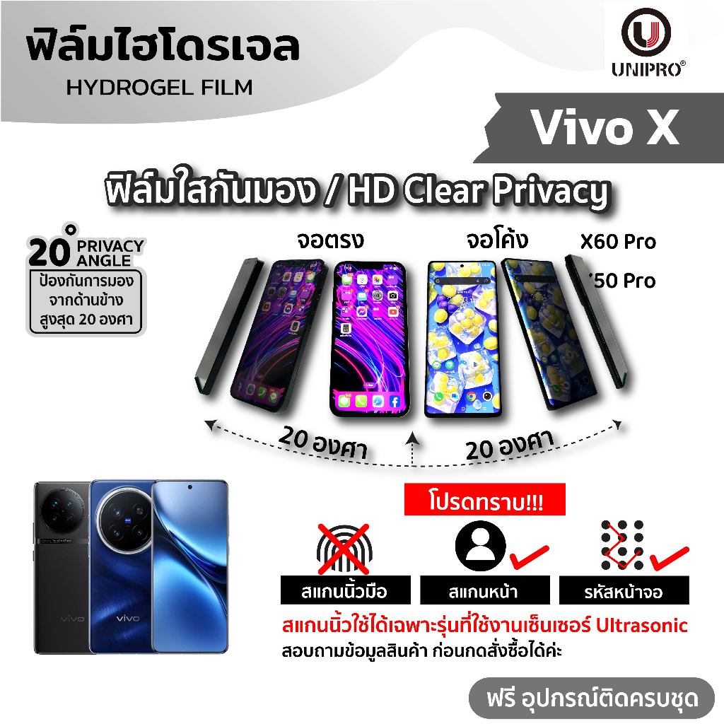 UniPro ฟิล์มใสไฮโดรเจลกันมอง (VIVO X) รุ่น X50 X60 X70 X80 X90 X100 X200 Pro