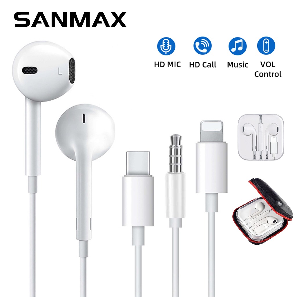 SANMAX หูฟัง Earphone อินเตอร์เ ฟซสายฟ้า 3.5mm typec ไมโครโฟนในตัว เสียงสนทนาชัดเจน เหมาะกับทุกยี่ห้อ สำหรับ ios Android