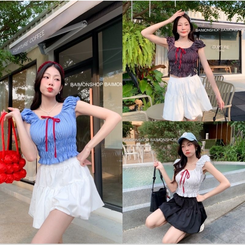 เสื้อครอป แขนตุ๊กตา แต่งโบว์หน้า สม็อครอบเอว ทรงเข้ารูป งานน่ารักมากๆ
