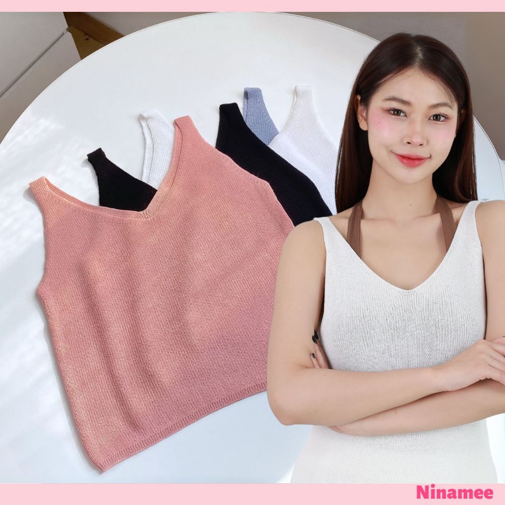 🍒Ninamee เสื้อกล้ามถักตาข่าย อก 30-44 นิ้ว น่ารัก ทรงคอวี เสื้อกล้ามคอวี แนวชิค เก๋ๆ #60065