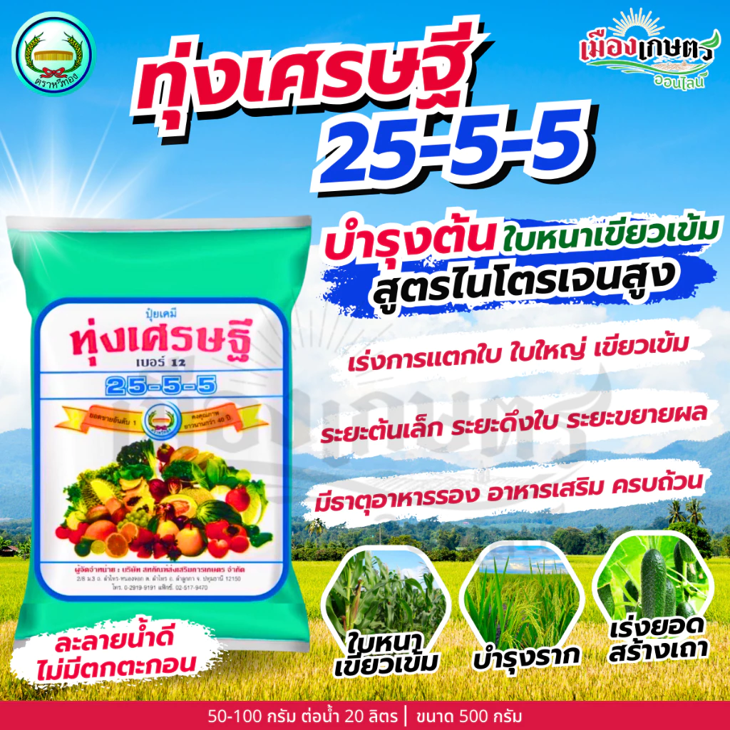 ทุ่งเศรษฐี 25-5-5 1 กิโลกรัม ปุ๋ยเกล็ด ปุ๋ยทางใบ หวีทอง ใบหนา เขียวเข้ม เร่งต้น บำรุงราก ใบเขียวดก