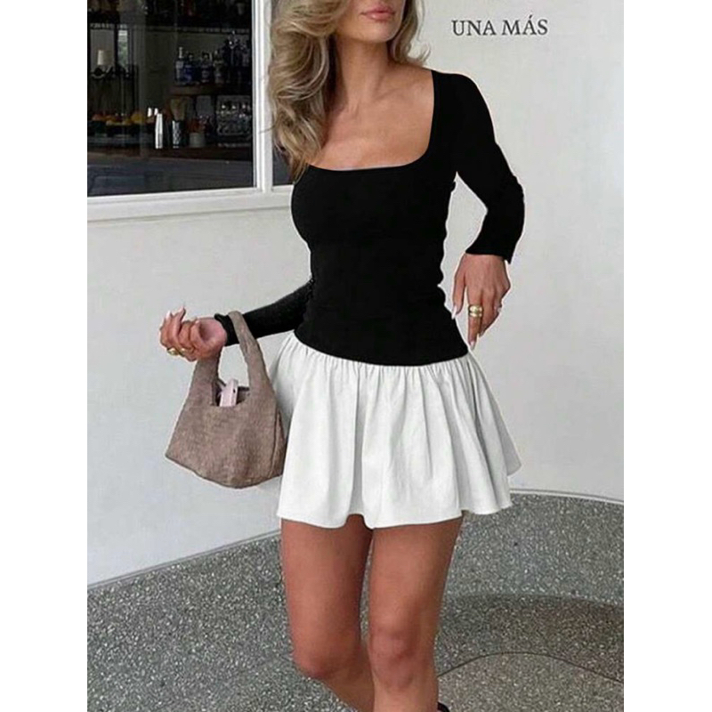 INAWLY ชุดเดรสสั้นทูโทนระบายกุ๊น ขาวดำ