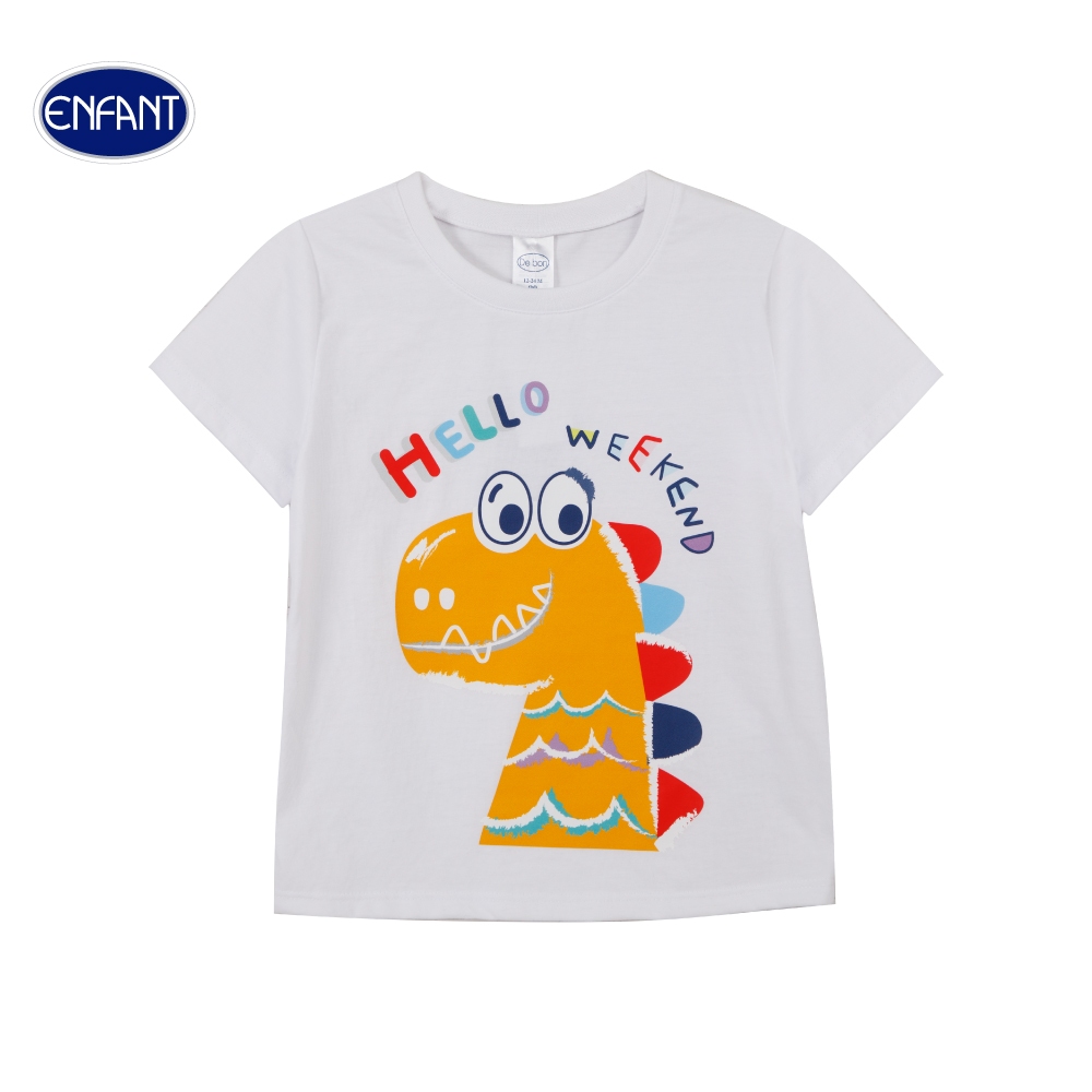 ENFANT (อองฟองต์) De bon By Enfant เสื้อคอกลม สำหรับเด็ก 6-12 เดือน สกรีนลาย พี่ไดโนเสาร์ ผ้าคอตตอน 100% สีขาว