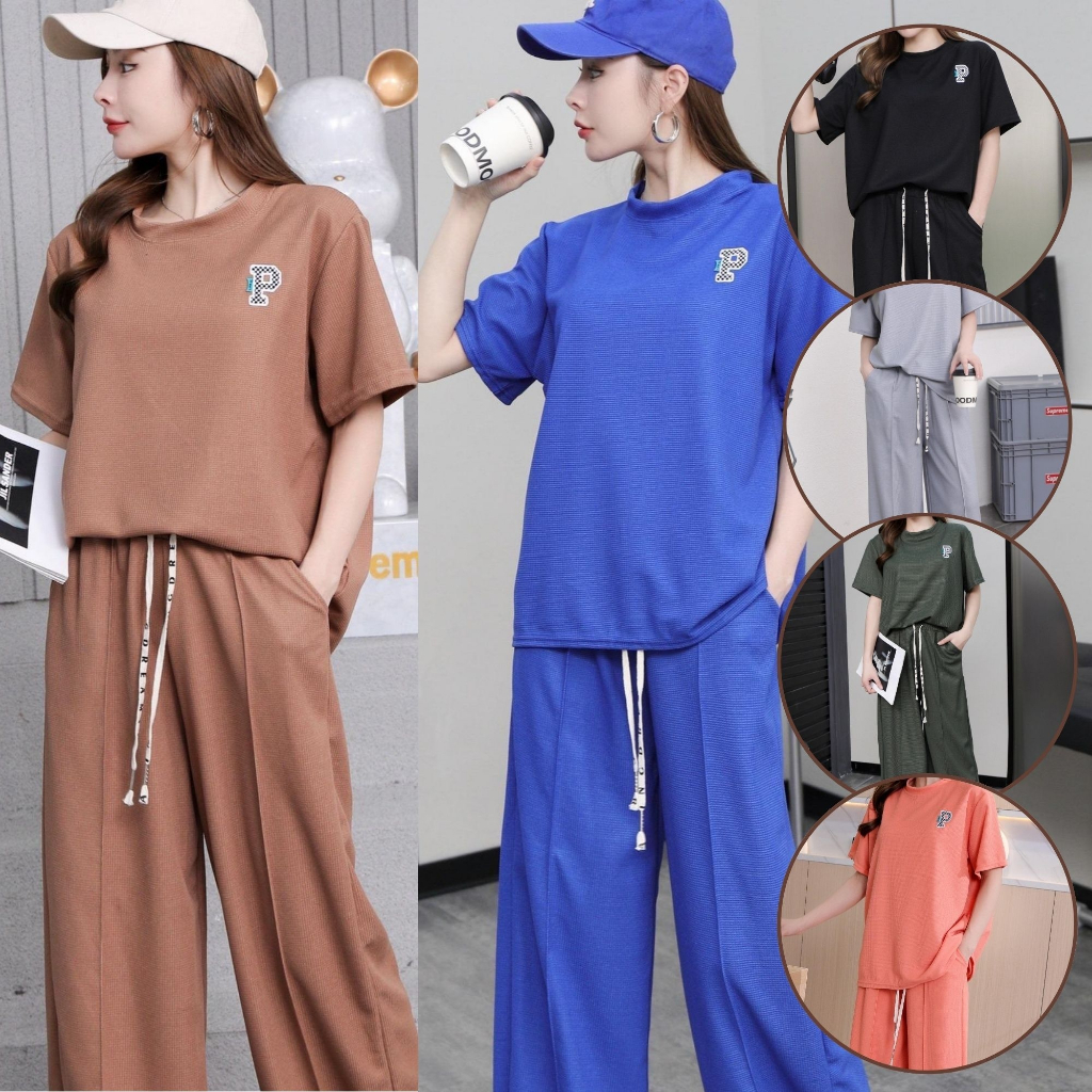 🌈NEW🌈 🚚CODเชุดSet 2 ชิ้น🌈ชุดเซ็ทผู้หญิง เสื้อยืดแขนสั้น + กางเกงขายาวมีเชือกรูดที่เอว  สไตล์ลำลองหลวมๆ มีให้เลือกหลายสี