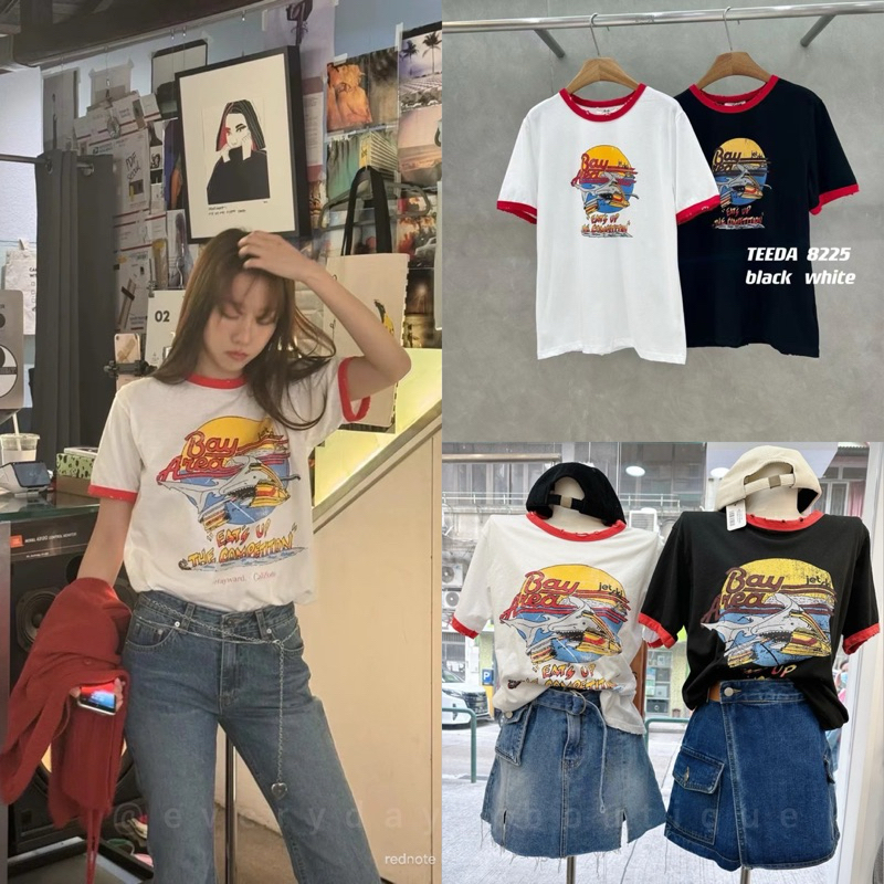 พร้อมส่ง เสื้อยืดคอกุ๊นแต่งขาด พิมพ์ลายวินเทจ Teeda