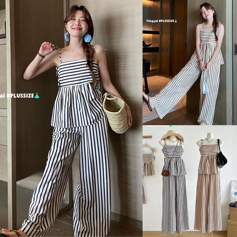 เข้าเพิ่ม พร้อมส่งค่า/YY/ ชุดเซ็ตสาวอวบ เสื้อสายเดี่ยว+กางเกง ลายริ้วใส่ได้ตลอดเลยค่า #เสื้อผ้าไซส์ใหญ่ พลัสไซส์
