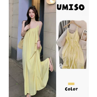 UMISOเดรสออกงาน ชุดเดรสยาว ดเดรสผู้หญิง เนื้อผ้าใส่สบาย ชุดเที่ยวทะเล เดรสทรงหลวม เดรสคอกลม