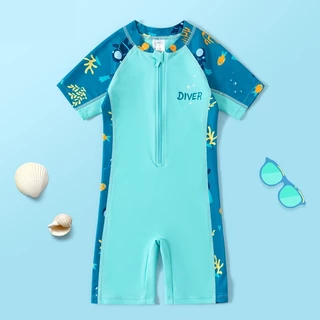 NT Baby - 080 (สินค้าพร้อมส่ง) ชุดว่ายน้ำเด็กแขนสั้นวันพีซ สีฟ้าทะเลสุดคิ้วท์ เกรดพรีเมี่ยม ผ้านุ่มใส่สบาย