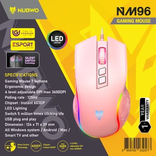 Nubwo NM-96 Gaming Mouse เมาส์เกมมิ่ง เสียงเงียบ ปรับ DPI ได้สูงสุด 3600 มี 7 ปุ่ม ปรับสีไฟได้