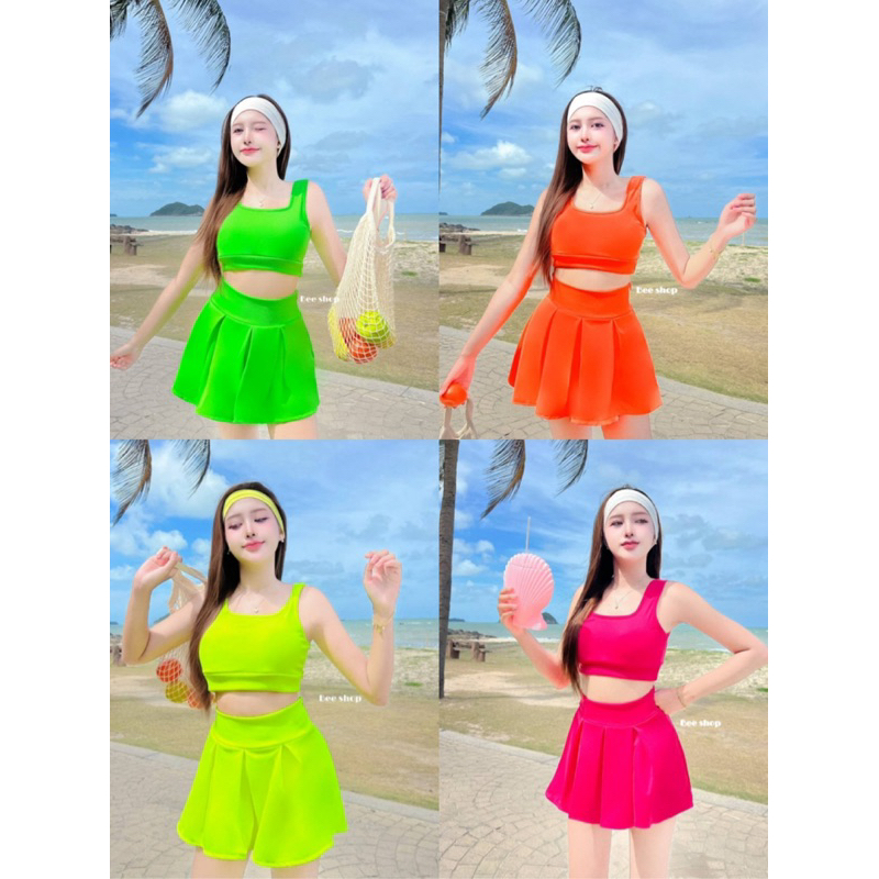 💕ShopBypuy💕ชุดเซ็ตสีนีออนสงกรานต์ต้องมีแล้ว📌บรามี2ขนาดกระโปรงมีขนาดเดียว🔥