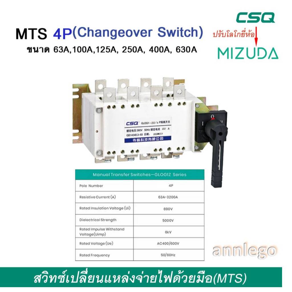 Changeover switch 3P และ 4P สวิทซ์เปลี่ยนแหล่งจ่ายไฟด้วยมือ (MTS) พิกัดกระแส 63A - 630A