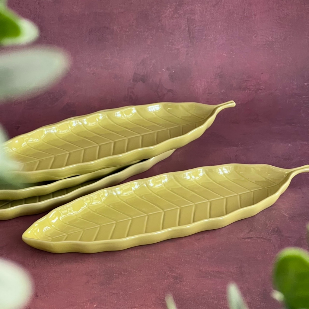 จานซูชิ จานเซรามิค จานเสิร์ฟ จานยาว รูปทรงใบไม้ - AT1CERAMIC