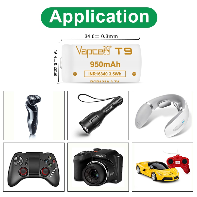 Vapcell ถ่านชาร์จ T9 16340 RCR123A 950mAh 3.7V แบตเตอรี่ลิเธียม ใช้กับไฟฉาย/กล้อง/ของเล่น