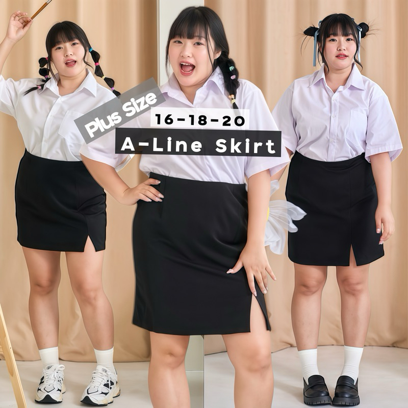 💛ไซส์ใหญ่💛 กระโปรงทรงเอสาวอวบ ผ่าหน้า ยาว 16 18 20 มีเอว30-45 ผ้ายืดฮานาโกะ