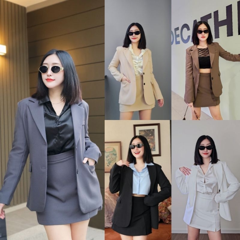 ชุดสูทผู้หญิง (แยกชิ้น) เบลเซอร์สูททรงเข้ารูป + กระโปรงกางเกง