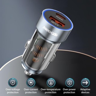 เครื่องชาร์จรถยนต์แบบโปร่งใส พอร์ตคู่212-24V USB+TYPE-C การชาร์จด่วนPD30W ไฟบรรยากาศ LED