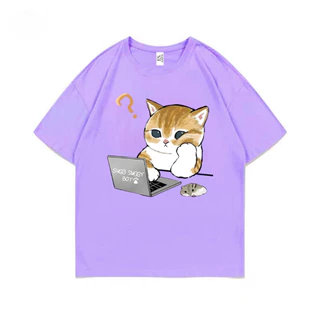 เสื้อยืดคอกลมแขนสั้น วินเทจ ลายแมวโน๊ตบุ๊ค ผ้านิ่มใส่สบาย ES-411