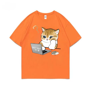 เสื้อยืดคอกลมแขนสั้น วินเทจ ลายแมวโน๊ตบุ๊ค ผ้านิ่มใส่สบาย ES-411