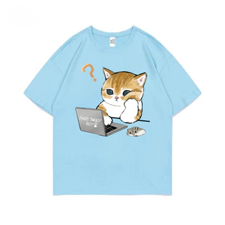 เสื้อยืดคอกลมแขนสั้น วินเทจ ลายแมวโน๊ตบุ๊ค ผ้านิ่มใส่สบาย ES-411