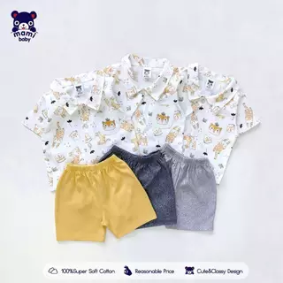 𝗠𝗮𝗺𝗶 𝗯𝗮𝗯𝘆 เสื้อเชิ้ต พิมพ์ลาย + กางเกงขาสั้น 3เดือน-3ขวบ