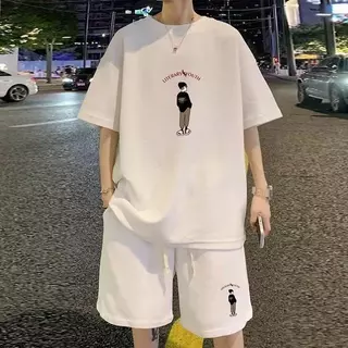 M-3XLเสื้อผ้าผู้ชาย ชุดเซ็ต2ชิ้น พิมพ์ลาย เสื้อยืด คอกลมแขนสั้น+กางเกงขาสั้น ผ้าวาฟเฟิล ผ้านิ่ม สวมใส่ สบา