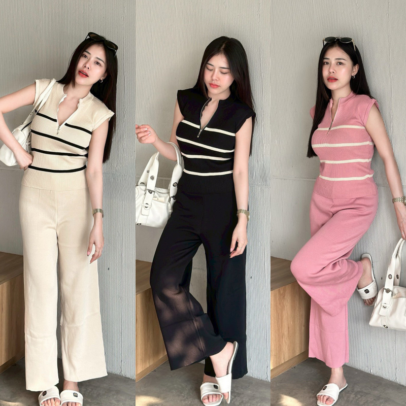 🌈SpinnyHouse🌈ชุดเซ็ต 2 ชิ้น เสื้อแขนกุด แต่งซิปหน้าทอลาย + กางเกงยางยืดทรงขาบานถ่วงยาว เรียบหรูดูแพงสุด รุ่น นางรอง