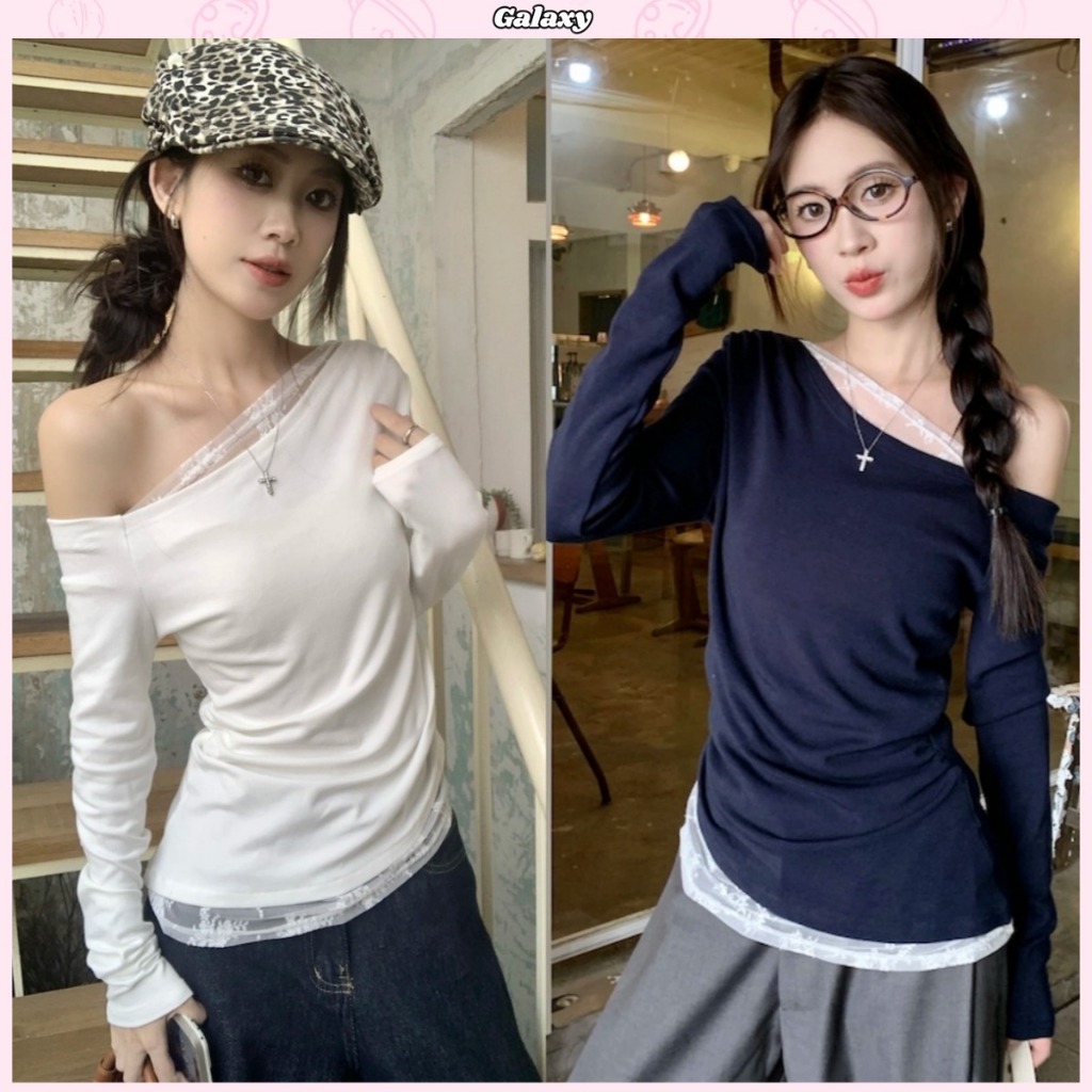 เสื้อยืดลำลอง เสื้อปาดไหล่ เเต่งชายลูกไม้ หวาน ทรงเข้ารูป ยืดได้ #020295