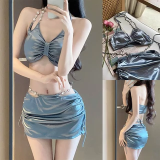ชุดว่ายน้ําบิกินี่ ชุดว่ายน้ำเซ็กซี่ 3ชิ้น ประดับด้วยโซ่ แฟชั่นชุดว่ายน้ำชายหาด มีฟองน้ำ#LT