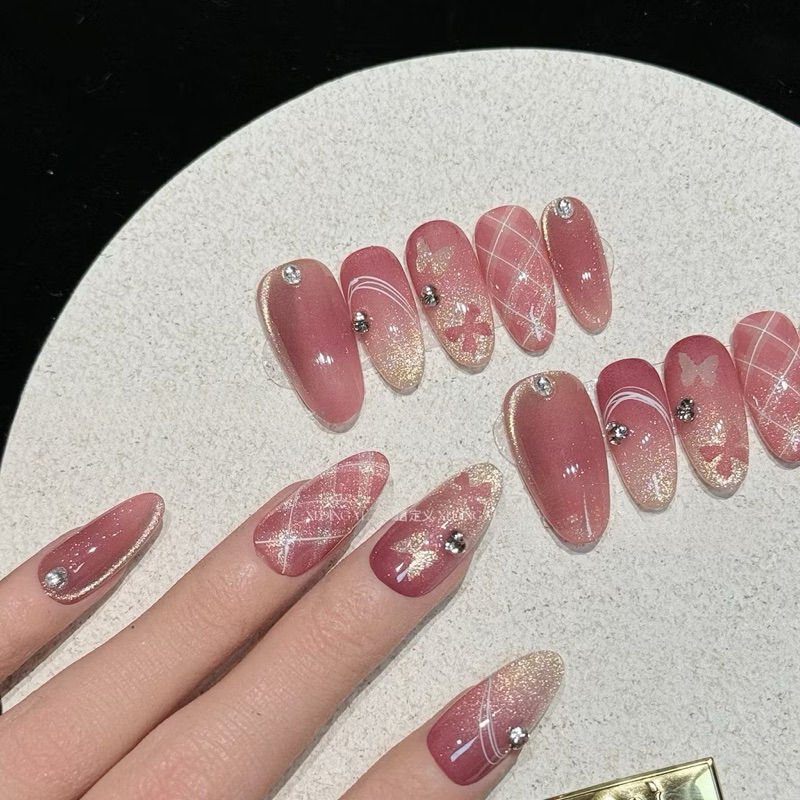 Handmade C1160 เล็บเจล เล็บปลอมสีชมพูรูปแบบ Cat Eye ขายร้อน Original สติกเกอร์เล็บกดบนเล็บ