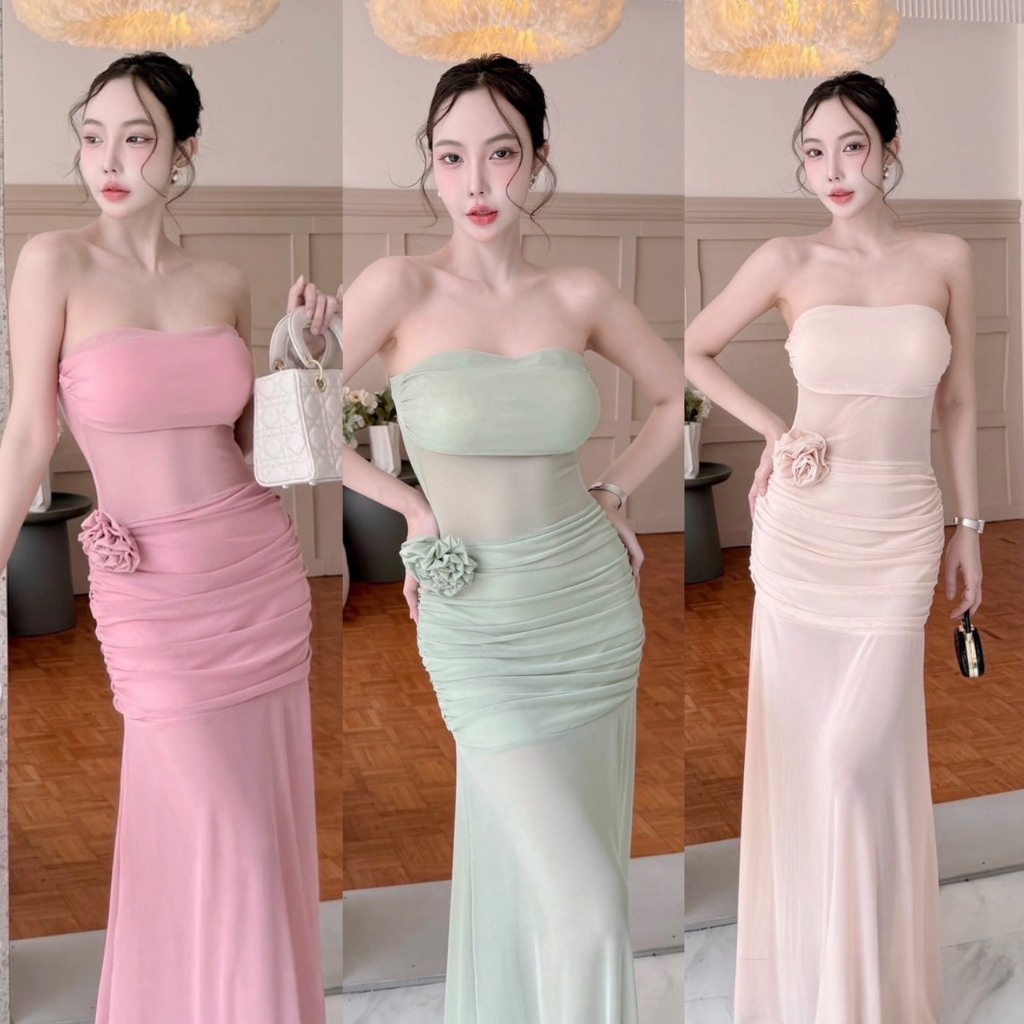 A401 -เดรสยาวตาข่าย รุ่นเกาะอกซีทรูแต่งดอกไม้ ชุดเดรสออกงาน ชุดไปงาน ชุดเที่ยวทะเล ชุดเดรสเกาะอก