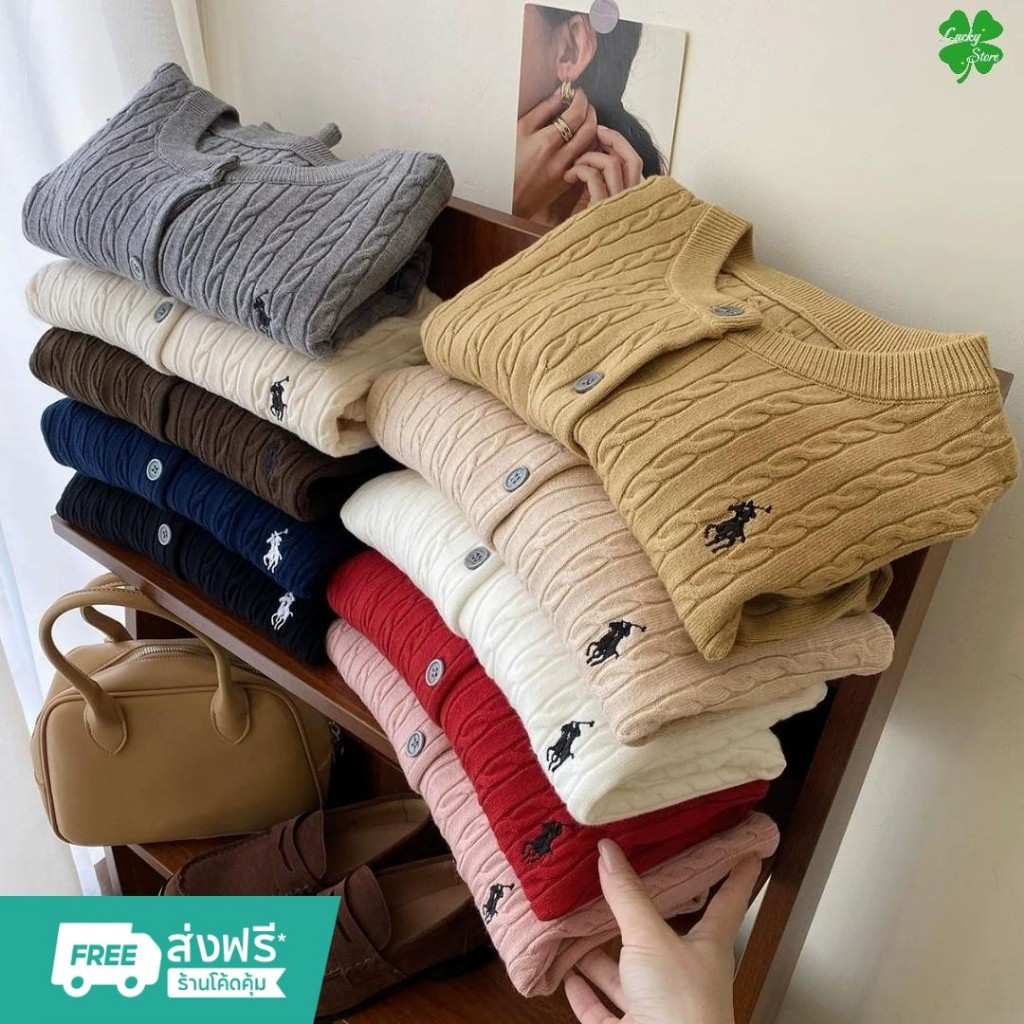 polo เสื้อถักไหมพรมผู้หญิงสไตล์เกาหลีเรียบง่ายคาร์ดิแกนปักม้ากระดุมหน้าใช้ได้จริงทั้งหมด