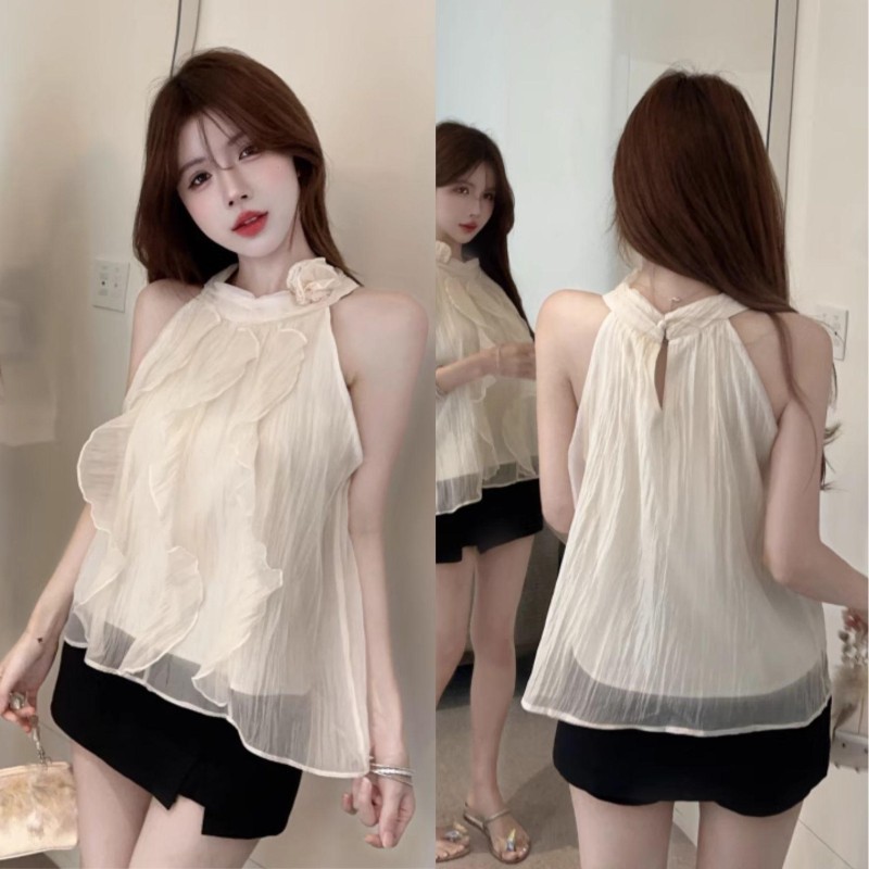 เสื้อเซ๊กซี่ ผ้าชีฟองสีครีม มีซับใน แต่งระบายด้านหน้า หลังคอติดกระดุม หรูหรา เสื้อครอป #3043