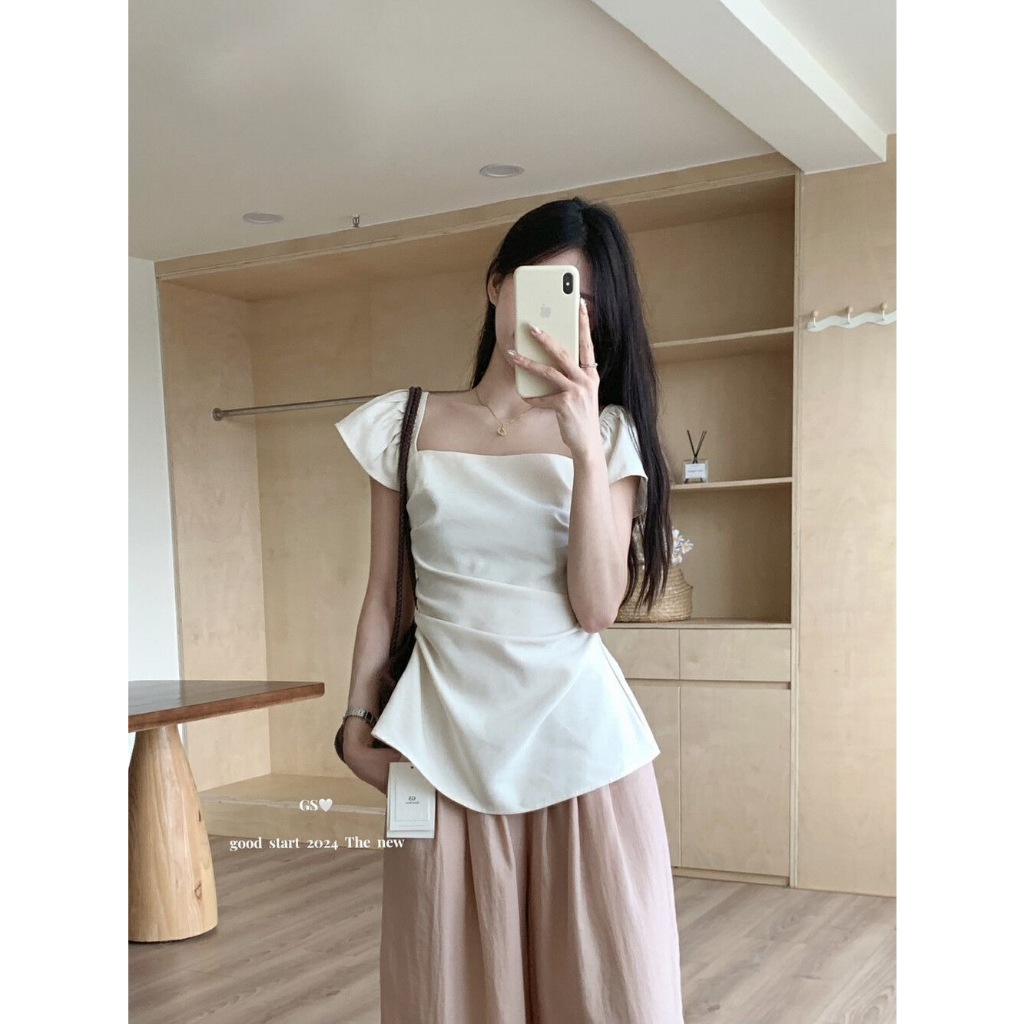 🧡LINNA🧡สีทึบ ปลอกคอสแควร์ เวอร์ชั่นเกาหลี สไตล์ใหม่ เสื้อเชิ้ต สไตล์เรียบง่าย