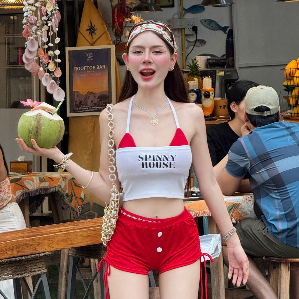 ชุดเล่นน้ำสงกรานต์ 💦 เสื้อบิกีนี่ไม่มีฟอง เสื้อเกาะอกสกรีนลาย บิกีนี่ผูกเชือก รุ่น บิกีนี่ทูโทน+เกาะอกยูนิSPINNY