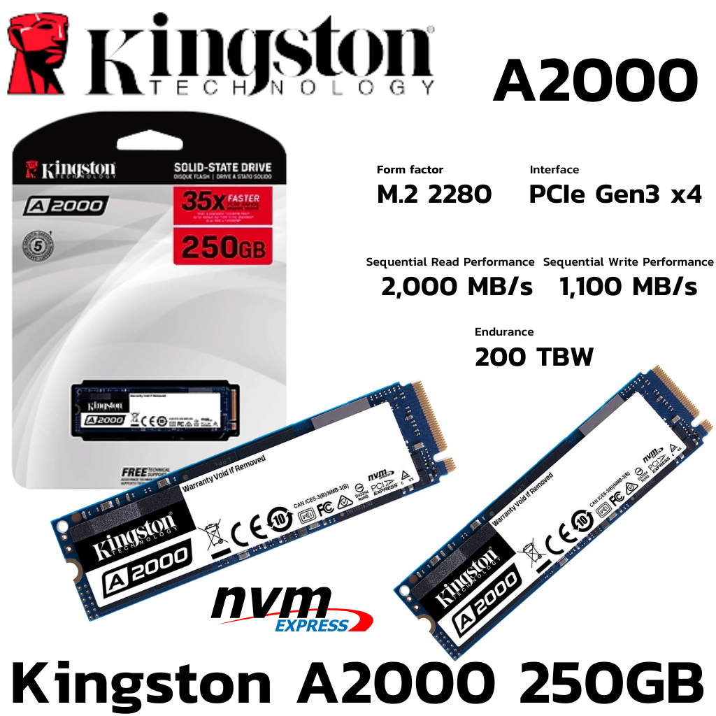 M.2 250 GB SSD (เอสเอสดี) KINGSTON A2000 PCIe/NVMe 2280 (SA2000M8/250G)