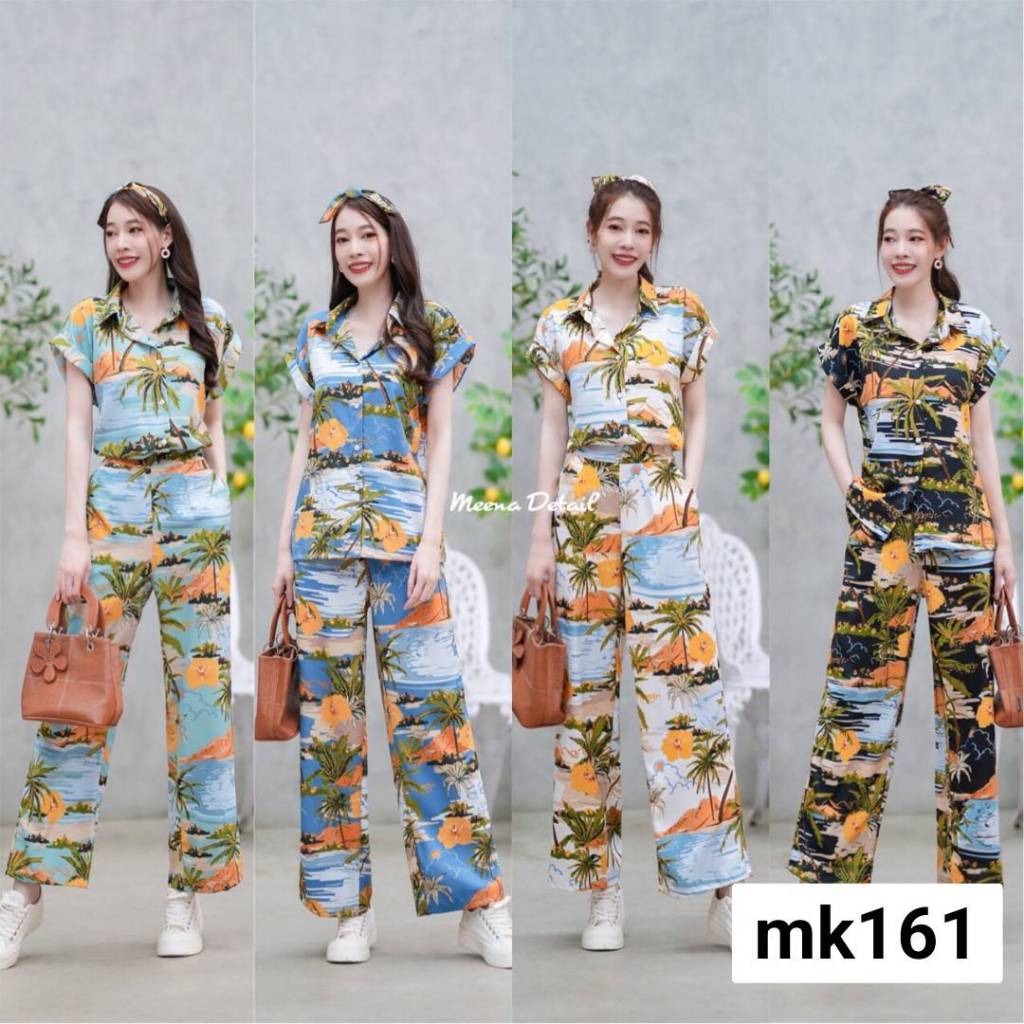 set 3 ชิ้นลายซัมเมอร์ทะเลสุดชิค เสื้อเชิ้ตฮาวายแขนเบิ้ลพร้อมกางเกงขายาว ชุดไปทะเล