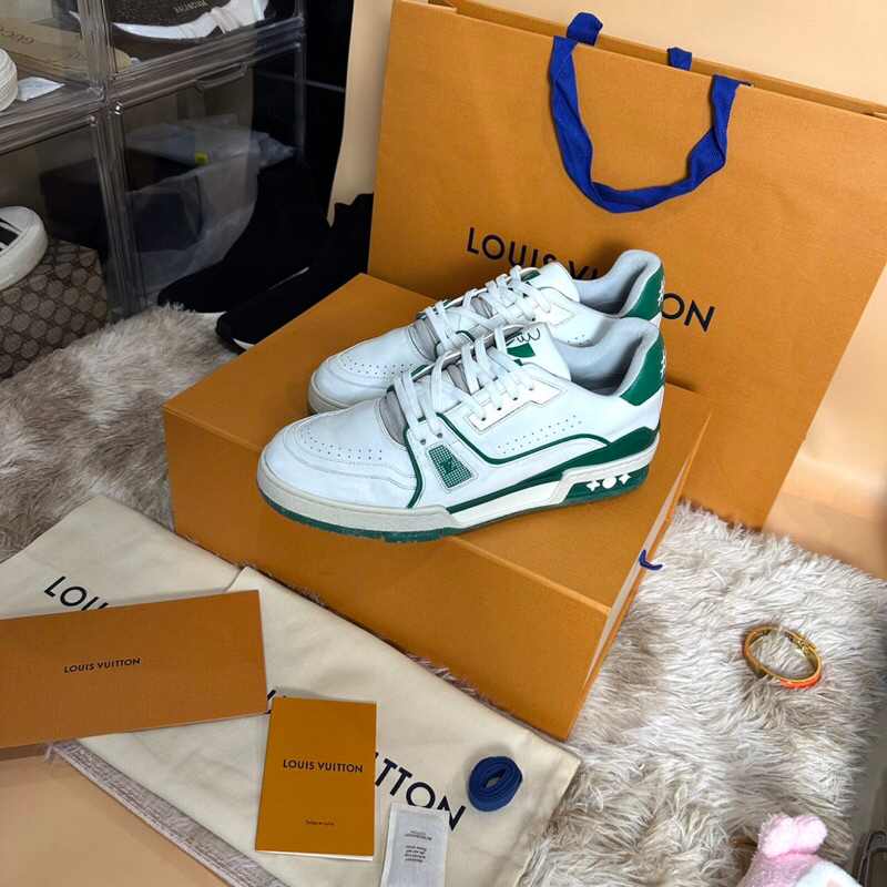 ❤️❤️Used Like Very New LOUIS VUITTON LV TRAINER SNEAKER LOW WHITE GREEN Size7 วัดซอฟ 27.5-28Cm ShopT