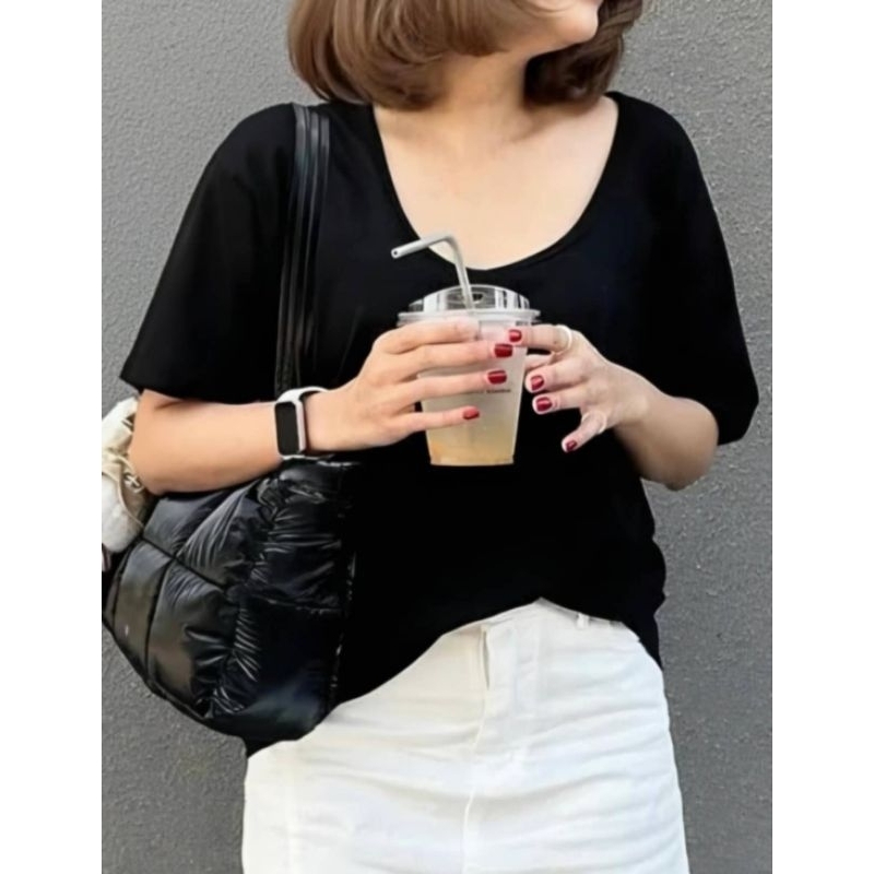 เสื้อยืดคอกว้าง แขนสั้น ทรงหลวม โอเวอร์ไซส์  ผ้าคอตตอน สีพื้น Unisex