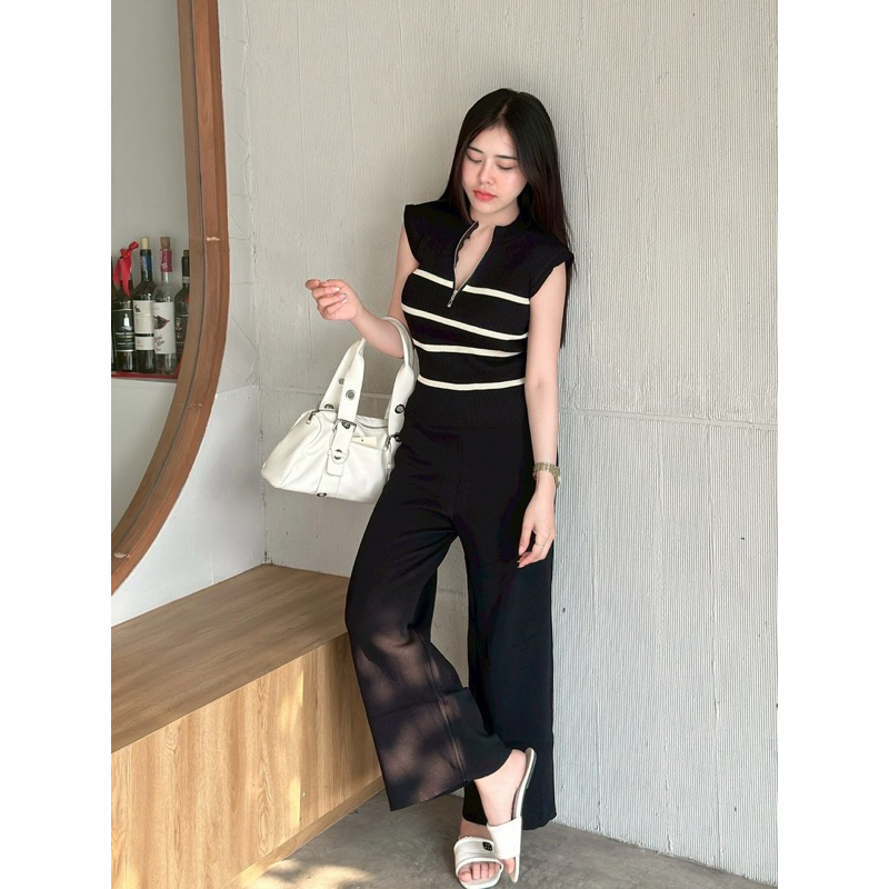 Dzaishopเสื้อแขนกุดงานซิปแต่งทอลายจับคู่กางเกงขาบานงานสีพื รูปที่ 4