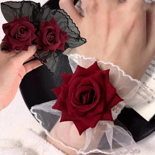 2ชิ้น พร็อบข้อมือโลลิต้า ประดับลูกไม้และดอกกุหลาบ สีเข้ม สำหรับออกงาน