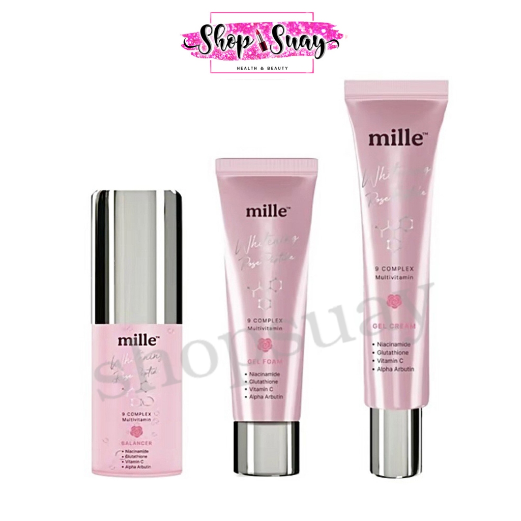 ** 1 หลอด ** มิลเล่ มอยส์เจล สูตรใหม่ MILLE WHITENING ROSE PEPTIDE SET (BALANCER 35 ml./ GEL FOAM 30g./GEL CREAM 25g.)