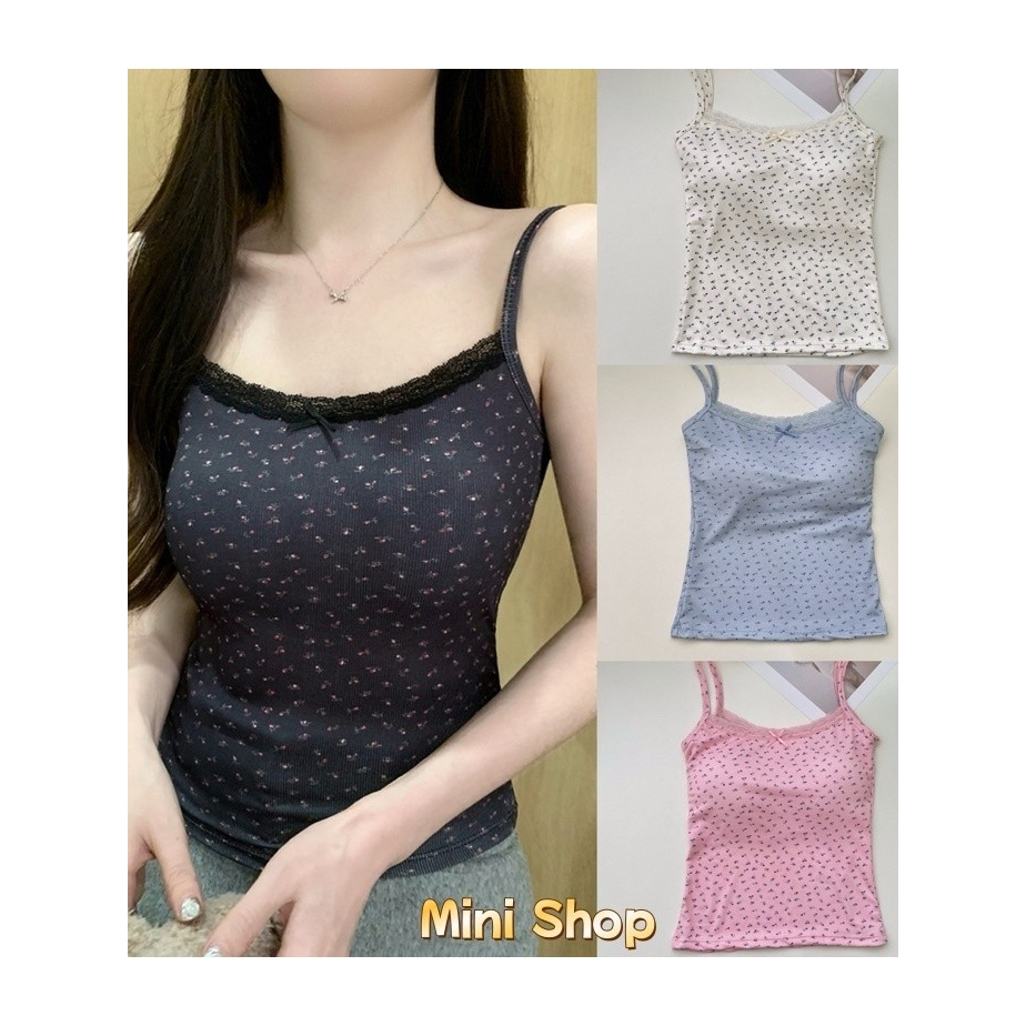 Mini shop🌸พร้อมส่ง🌸สายเดียว (FY9094)เสื้อสายเดี่ยว ดีเทลลายดอกไม้ มีฟองน้ำในตัว มินิมอลสไตล์เวียดนาม เสื้อกล้ามผู้หญิง