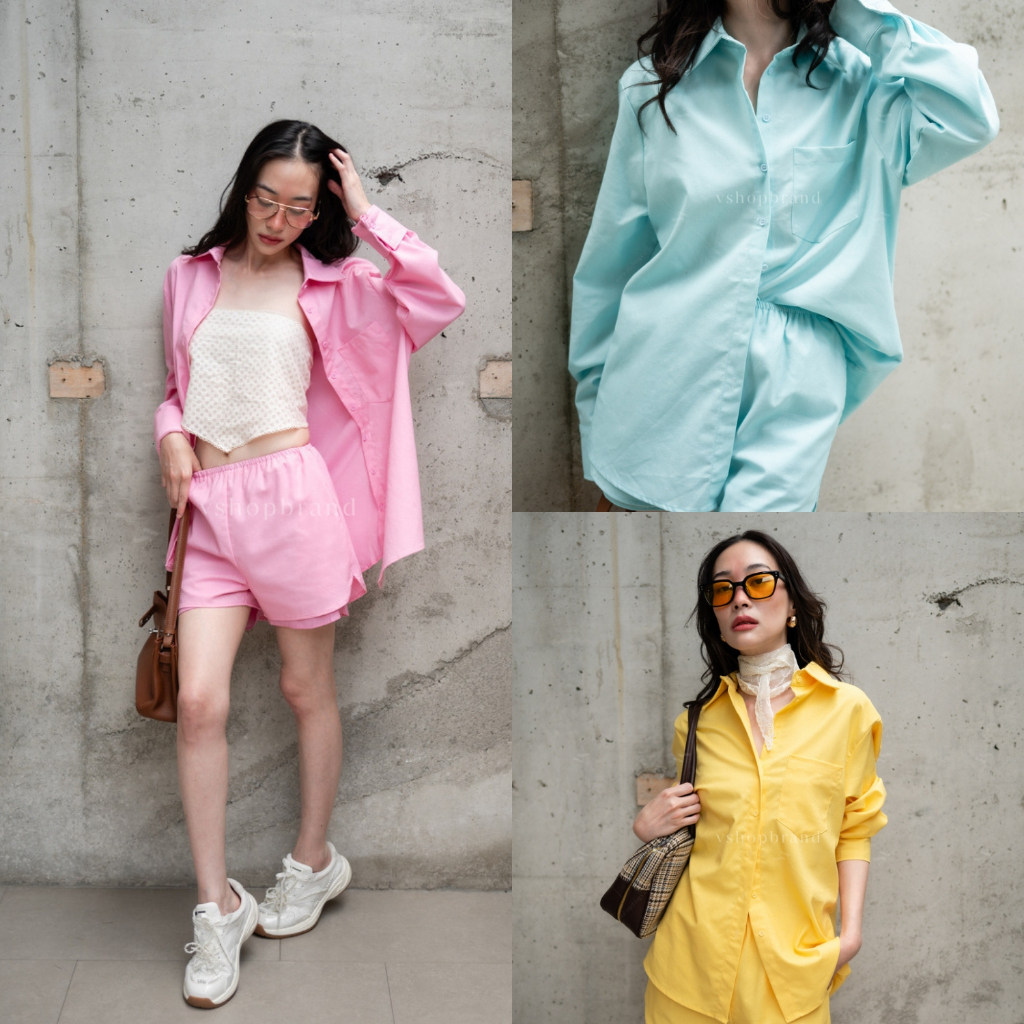 พร้อมส่ง Set เชิ้ตแขนยาวผ้าพื้นกระเป๋าอก+กางเกงขาสั้น งานป้าย vshopbrand