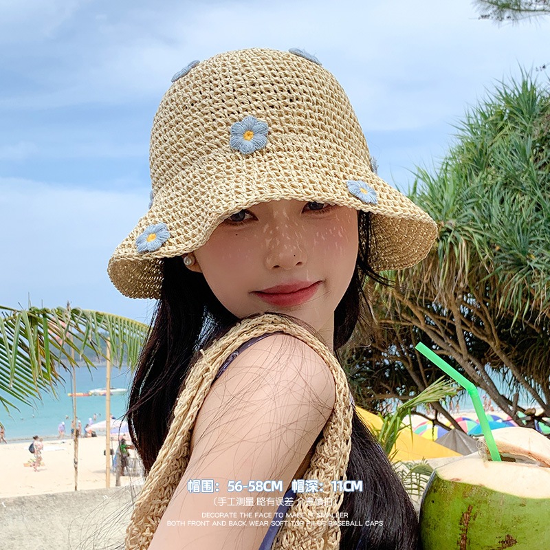 หมวกบักเก็ต หมวกถัก การป้องกันแสงแดด ระบายอากาศได้ การตกแต่งดอกไม้สีฟ้า summer