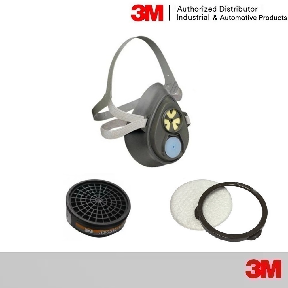 3M หน้ากากพ่นยาฆ่าแมลง ตลับกรองแก๊ส 3303K-100, หน้ากากไส้กรองเดี่ยว 3200K, แผ่นกรอง 7711, ฝาครอบ 385
