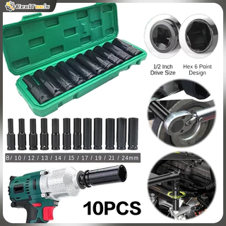 ชุดลูกบล็อกยาว 4หุน ลูกบล็อคลมยาว 10ชิ้น 【8-10-12-13-14-15-17-19-21-24mm】ชุดบล็อกลม CR-V