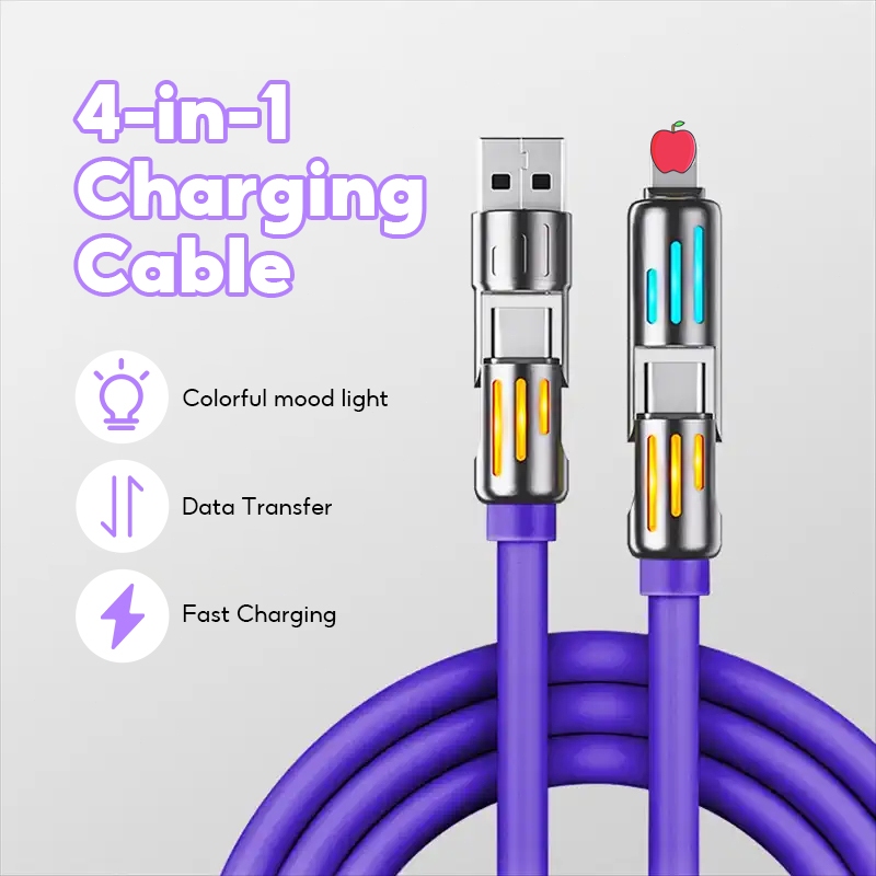 สายชาร์จเร็ว 4in1 Fast Charge 240w แสงไฟ RGB สีสันสดใส สายชาร์มือถือ TYPE C USB