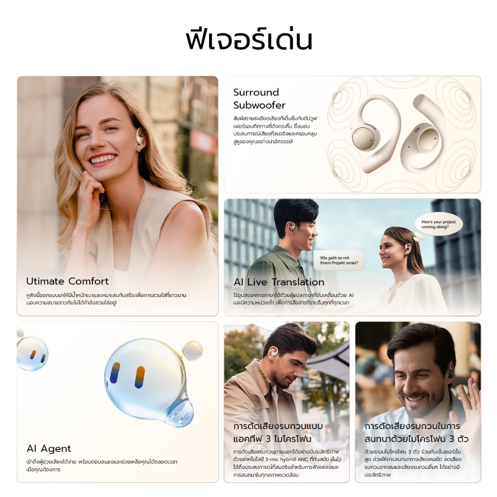 [New] HONOR Earbuds Open หูฟังไร้สาย | Bluetooth 5.2 | ใช้งานต่อเนื่องสูงสุด 22ชม. | น้ำหนักเบา 7.9 กรัม