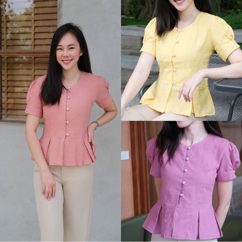 [พร้อมส่ง] เสื้อผ้าฝ้ายคอกลม แต่งชายทวิส แขนตุ๊กตา มี7สี อก36-42นิ้ว ผู้หญิง Women Clothing