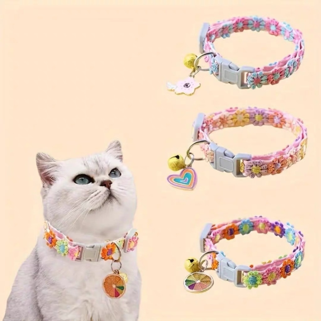 [ ABC cat ] [ปลอกคอPC014] ผ้าดอกไม้ สีพาสเทล แบบล็อคธรรมดา ปรับสายได้มีกระดิ่ง สำหรับสัตว์เลี้ยง